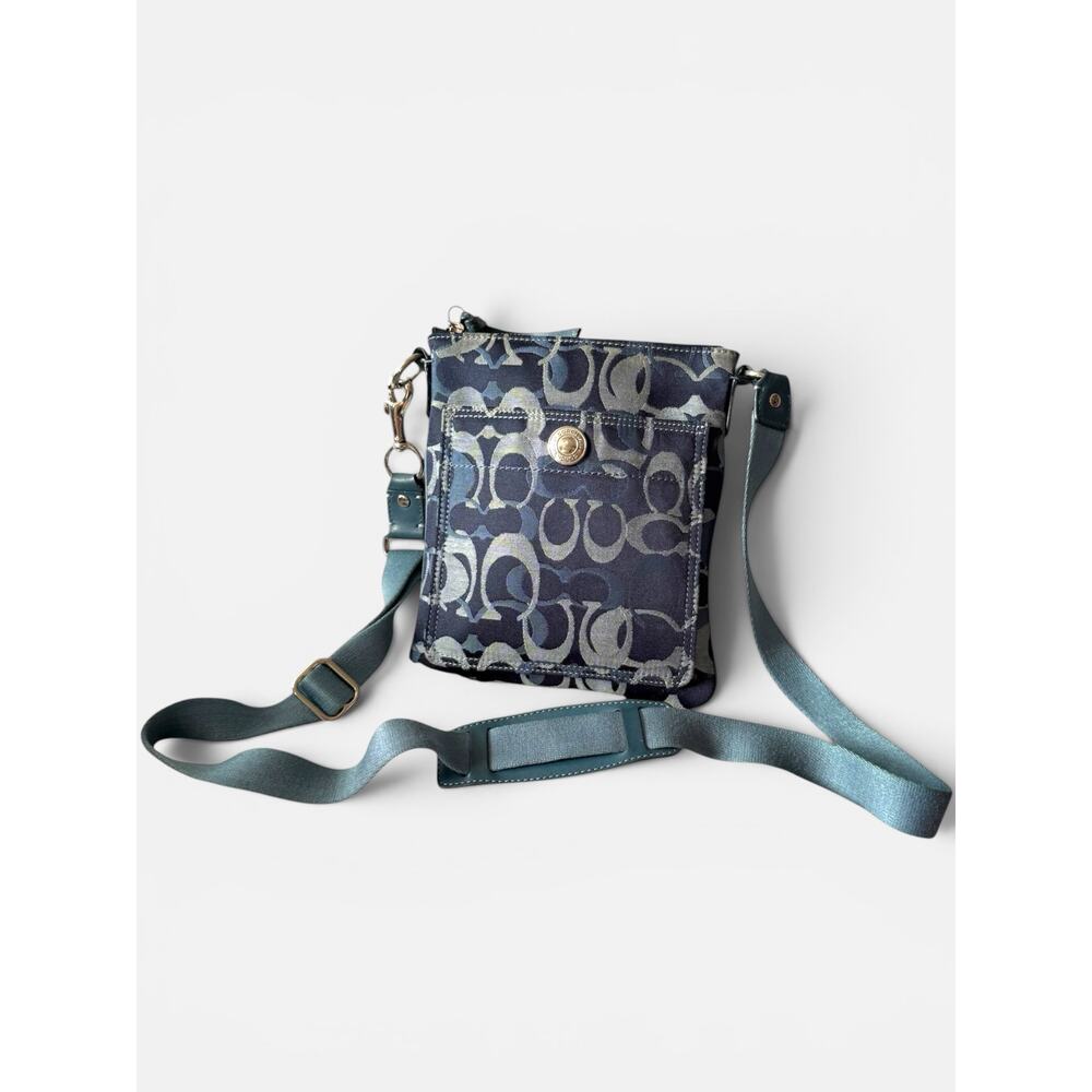 Coach Op Art Signature Blue Crossbody Bag Teal Trim Zip Top Adjustable Strap Y2K - Picture 3 of 11
